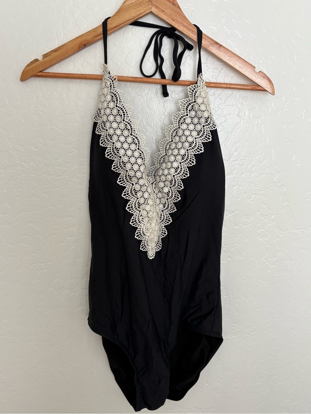 Black Halter One-Piece Swimsuit with Ivory Lace V-Neck